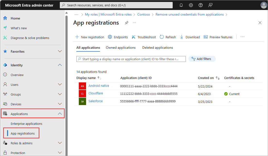 The App registrations All applications list in the Microsoft Entra admin center, with a Certificates & secrets column showing a Current status badge for one of the listed apps.
