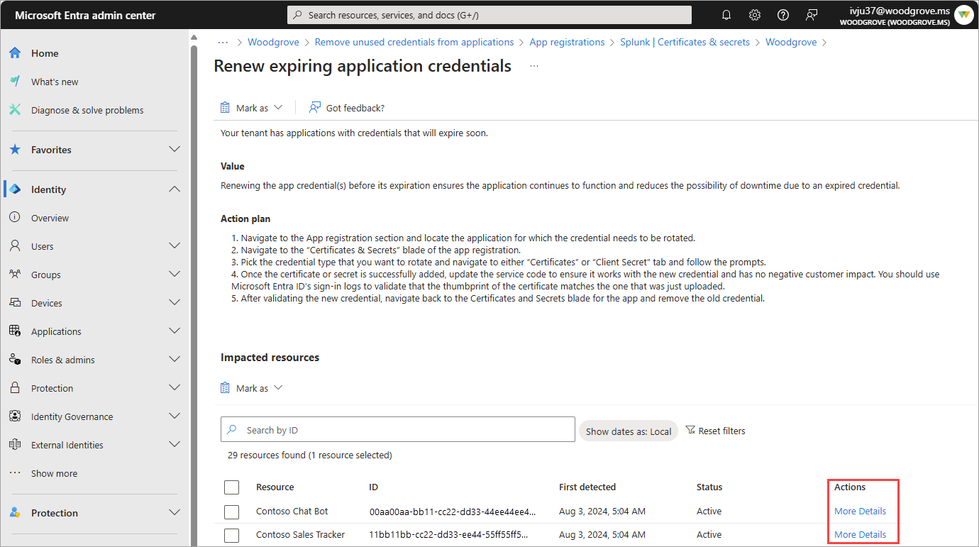 The Renew expiring application credentials recommendation in the Microsoft Entra admin center, showing the action plan and a list of impacted resources with the More Details action highlighted.