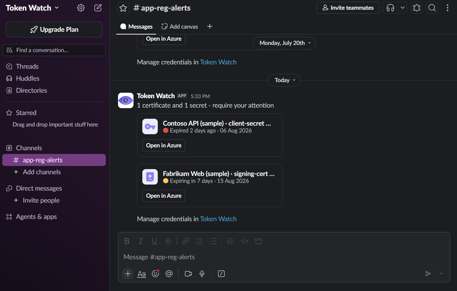 Token Watch Slack alert message showing expired and expiring Azure App Registration secrets and certificates, each with application name, status, and expiry date.